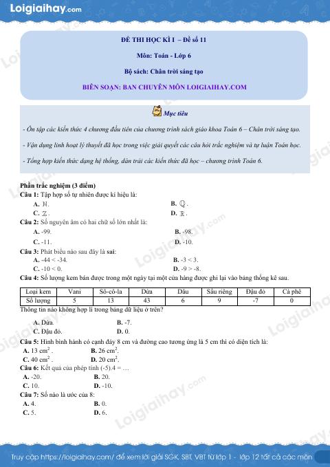 Đề thi học kì 1 Toán 6 - Đề số 11 - Chân trời sáng tạo